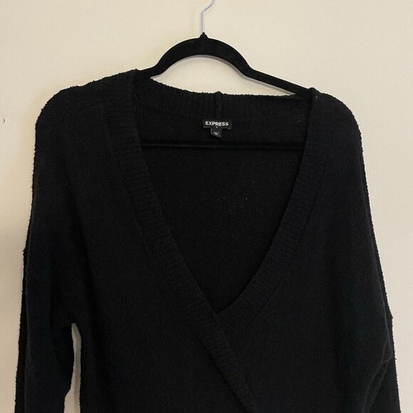 Express Women Sz S Black Deep V-Neck Long Sleeve Oversized Knit Sweater - Picture 4 of 8